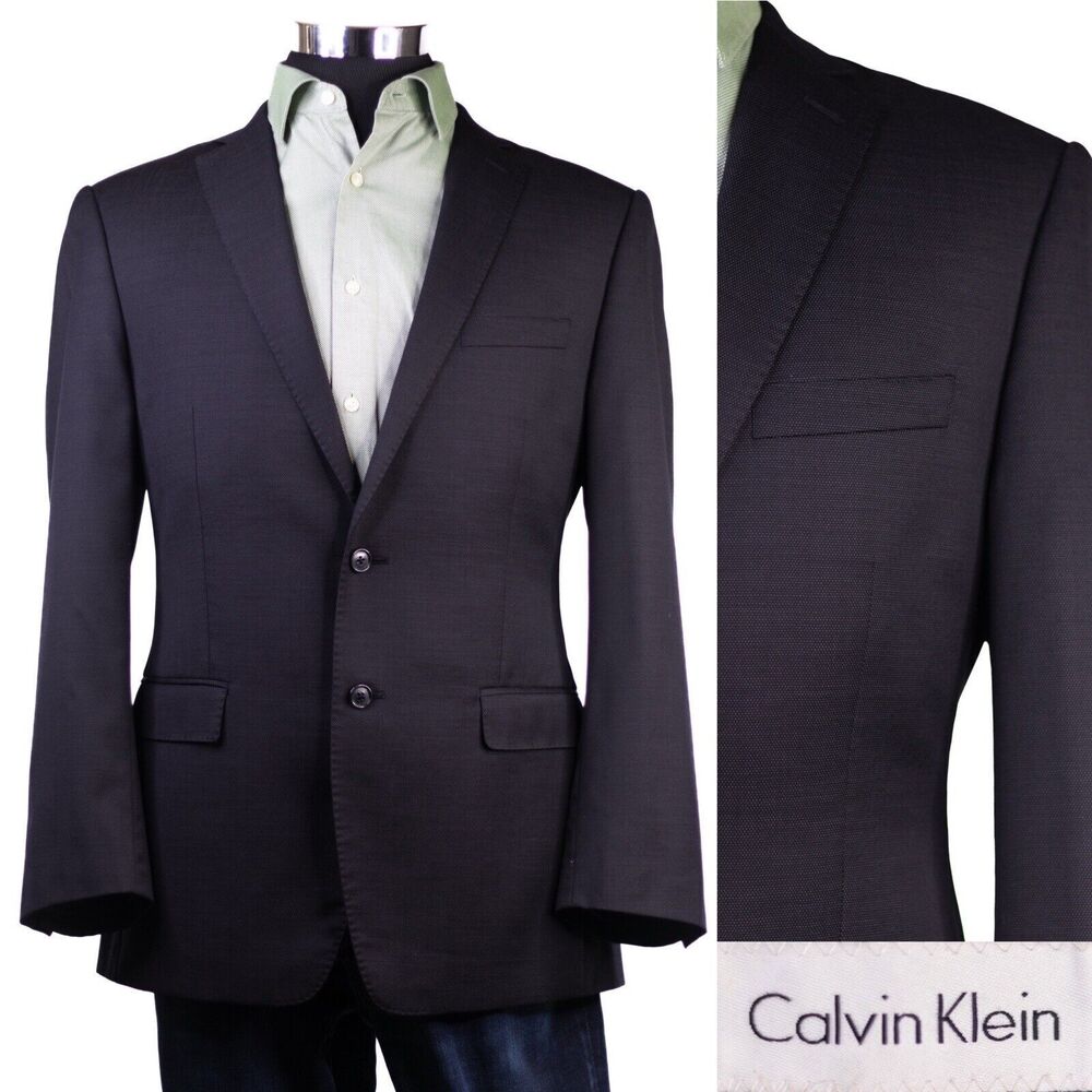 Calvin Klein 40R Black Solid Wool Two Button Sport Coat Blazer Jacket **MINT**